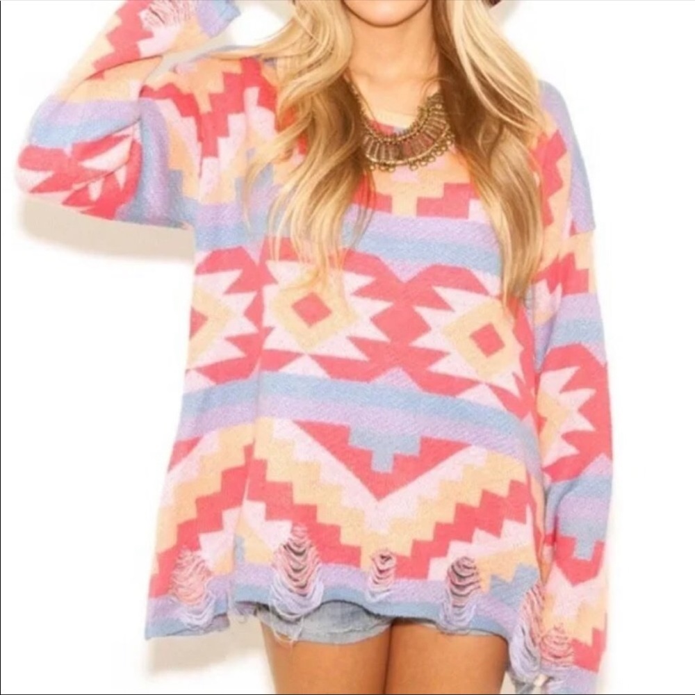 WildFox White Label Desert Drive Aztec Ikat Print Distressed Oversize Size Small